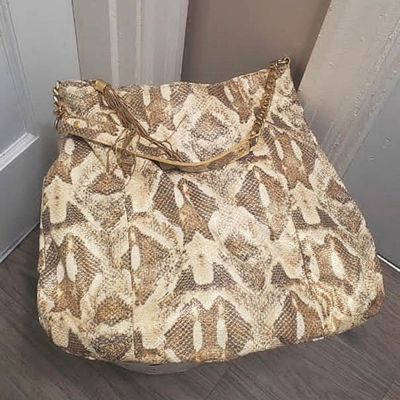 Tan Leather Gold Shimmer Python Print Shoulder Bag 🌴 - Picture 2 of 7